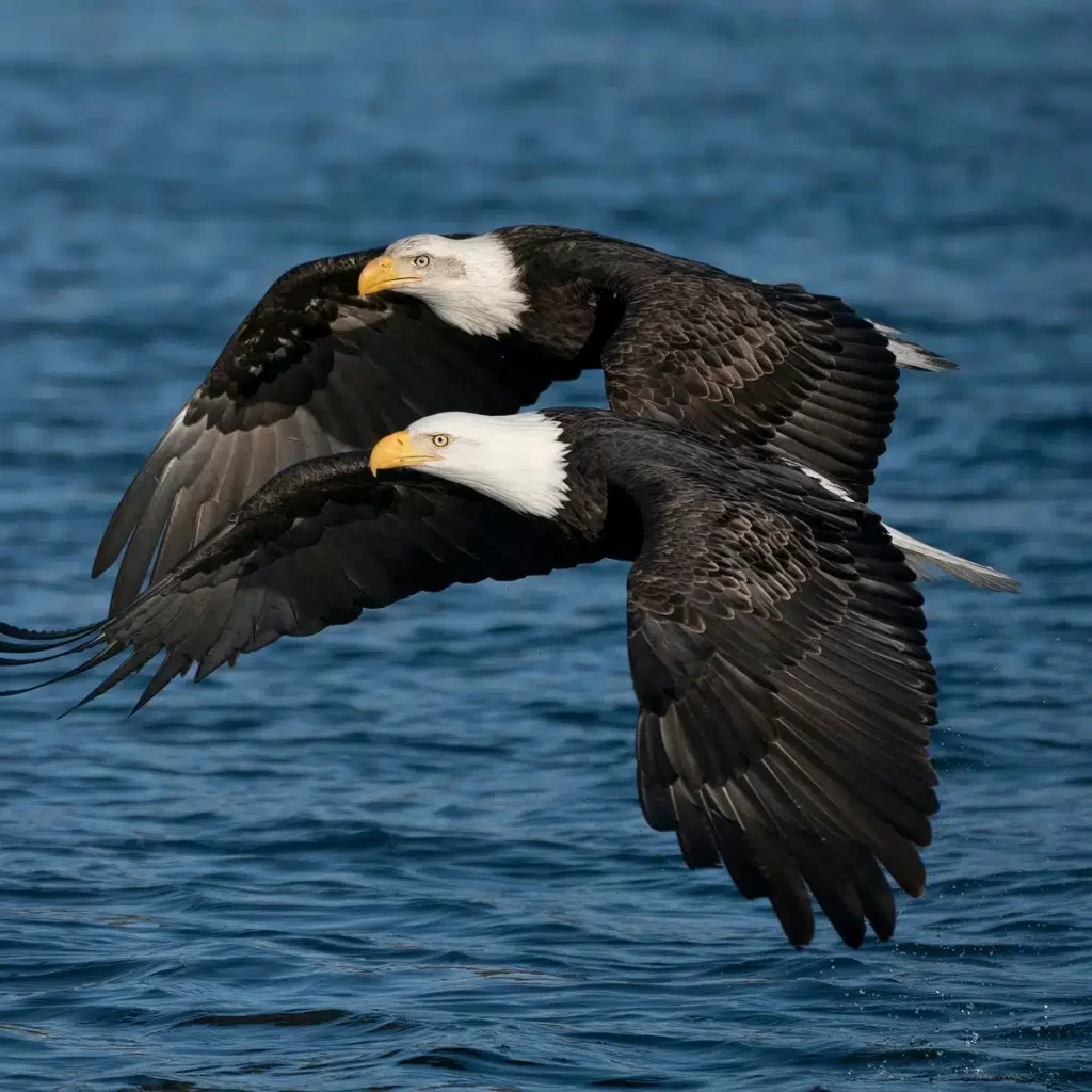 Two eagles flying in formation so close to the river that their wings are touching the waters.