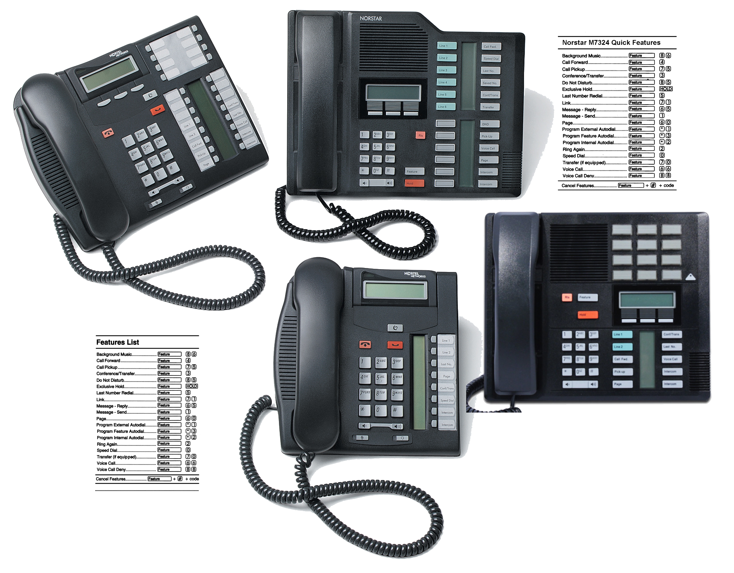 Four legacy Nortel phones - T7316, M7325, T7208 and M7310 along with copies of Feature Cards