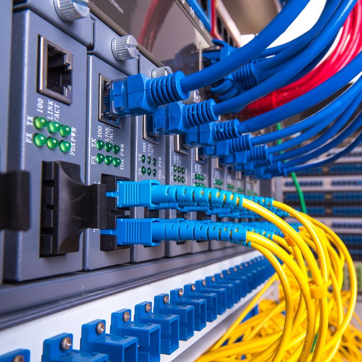 Cat6 ethernet and fiber optic cables connected to switch in server room.